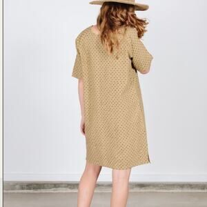 PO-EM | Day‎ Dress Spotted Beige Black Pockets Handwoven Cotton Natural | Small